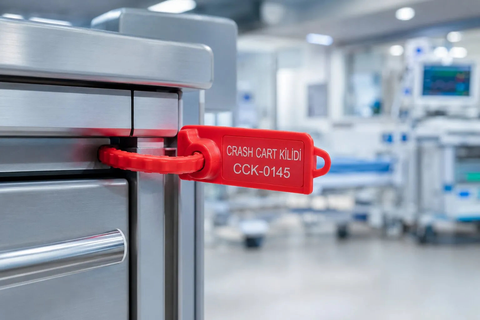 Acil müdahale arabası üzerinde kırmızı tamper-evident crash cart kilidi — seri numaralı medikal mühür